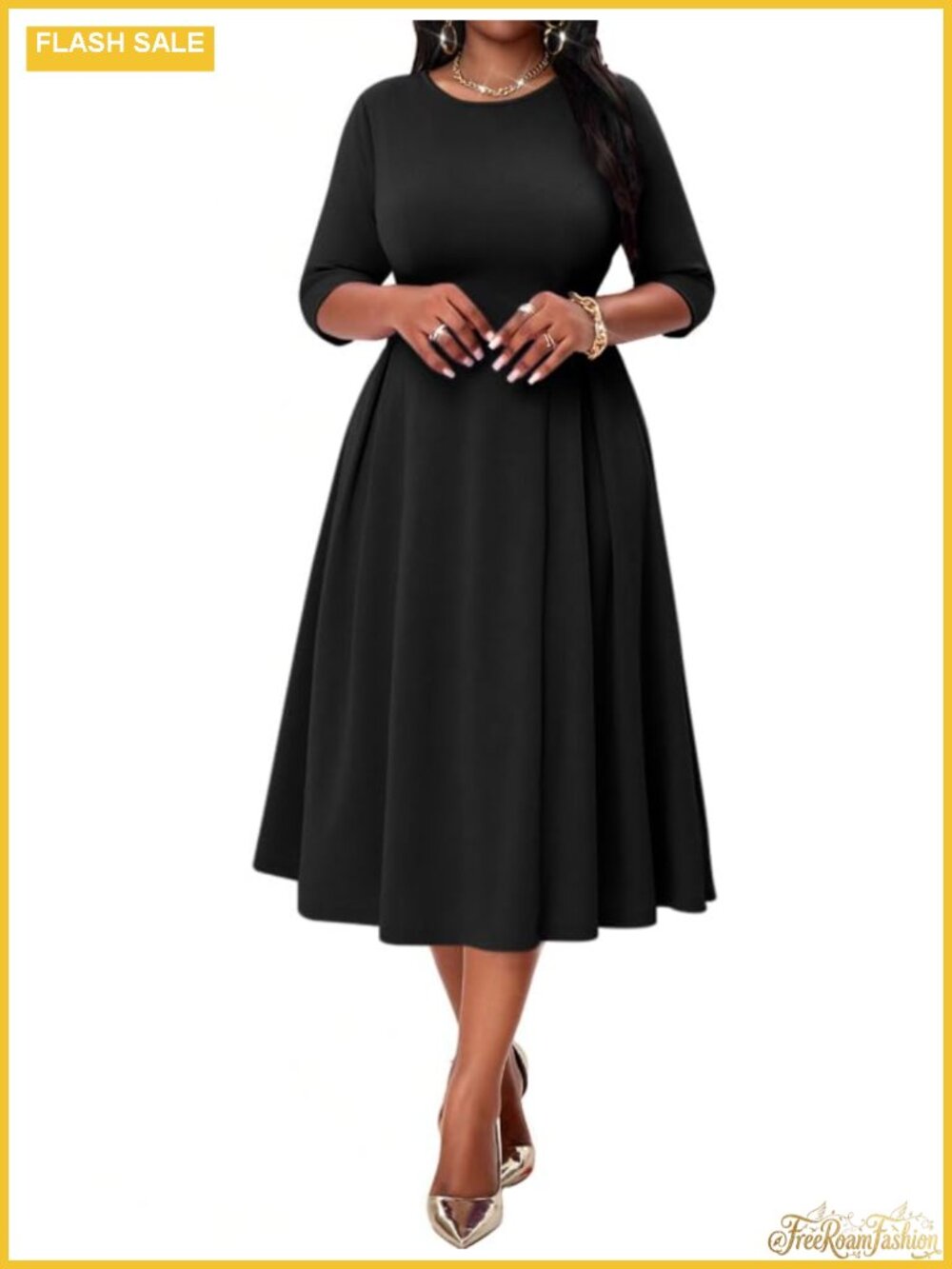 3/4 Sleeve Cocktail Dress with Pockets, Polyester Blend, A-Line Midi